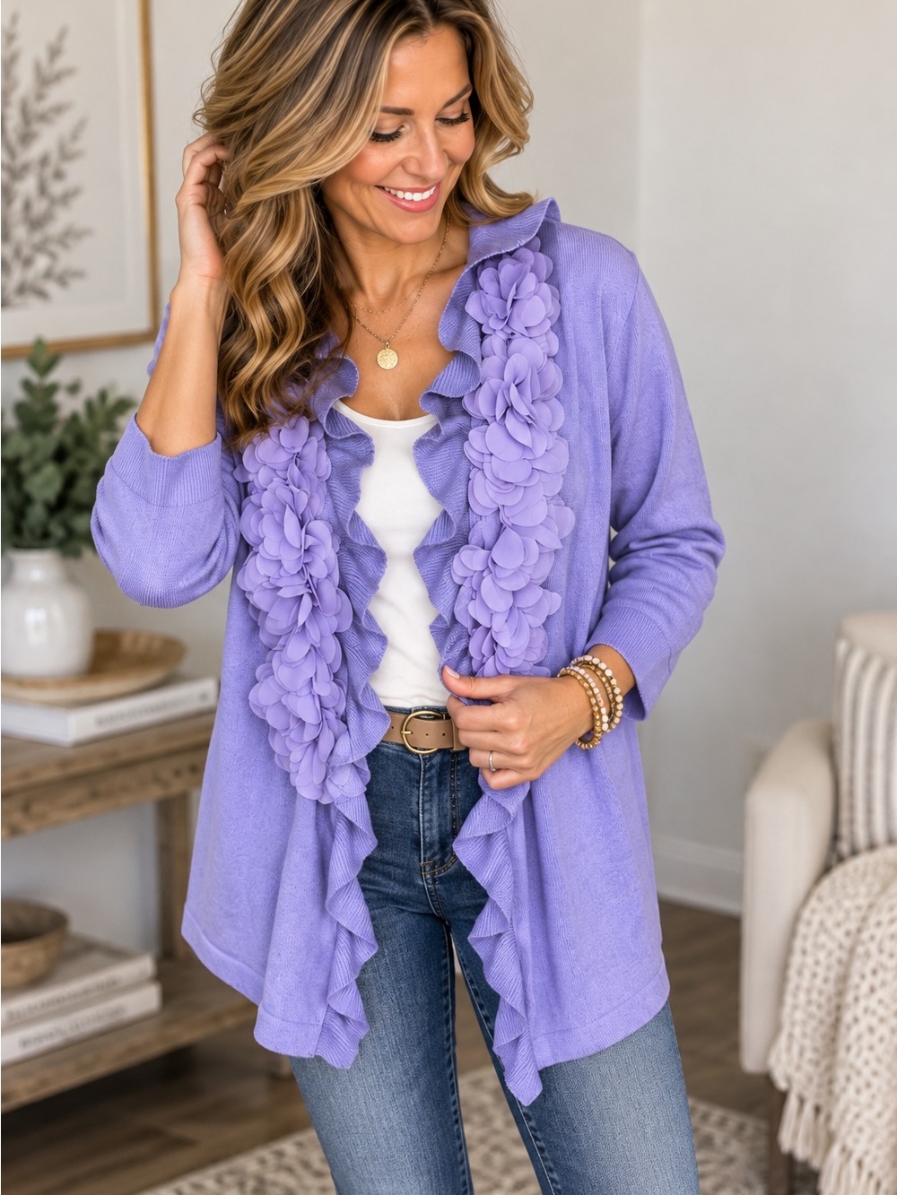 Ruffle Floral-Trim Open Cardigan Sweater - Lilac